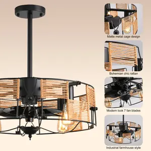 49cm Black Farmhouse Caged Chandelier Ceiling Fan with Light Kit and Remote