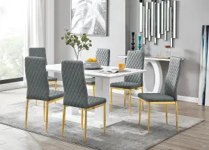 Imperia White High Gloss 6 Seater Dining Table with Structural 2 Plinth Column Legs 6 Grey Faux Leather Gold Leg Milan Chairs