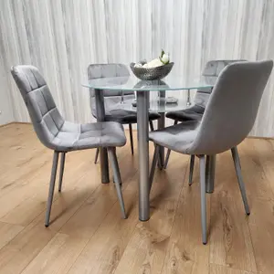 Round Glass Grey Kitchen Dining Table With Storage Shelf And 4 Grey Tufted Velvet Chairs Kitchen Dining Set