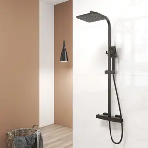 Matt Black Thermostatic Mixer Shower Set Square Black Twin Head Exposed Valve 220mm