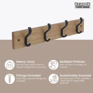 keypak Wall-Mounted Coat Rack - 4 Hooks on Modern Wooden Base for Wall & Door - 38cm (Matte Black/Ash)