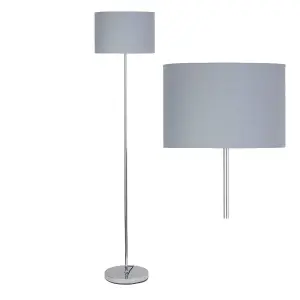 First Choice Lighting Chrome Stick Floor Lamp with Grey Cotton Shade