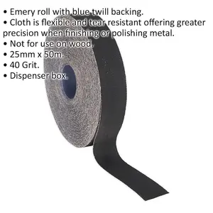 Premium Blue Twill Emery Roll - 25mm x 50m - Flexible, Tear Resistant, 40 Grit for Metal Finishing