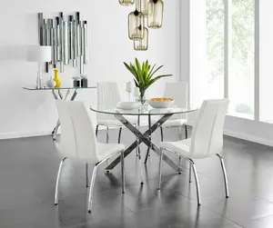 Furniturebox UK Novara Chrome Metal And Glass Large Round Dining Table And 4 White Isco Chairs Set