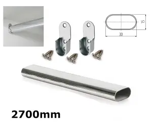 Wardrobe Rail Oval Chrome Hanging Rail Free End Supports & Screws - Length 2700mm