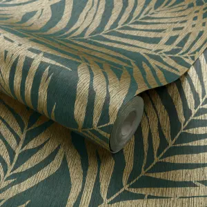 Grandeco Maui Palm Frond Leaf Textured Wallpaper, Green Gold