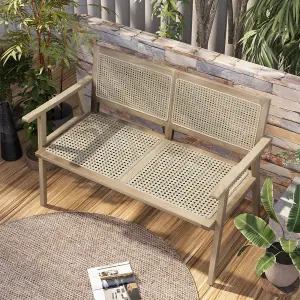 Costway Teak Wood Garden Bench 2-Person Patio Lounger Loveseat W/ Rattan Backrest & Seat