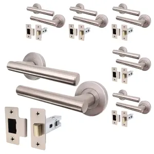 AFIT Satin Nickel Door Handle Latch Set - Pack of 6 Round T-Bar Internal Door Handles & Latch (64mm) Satin Lever on Rose Olvera