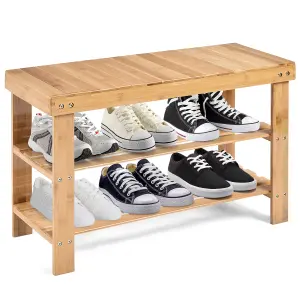 Costway 3-Tier Bamboo Shoe Bench Shoe Rack Organizer Entryway Bench Stand Display Shelf