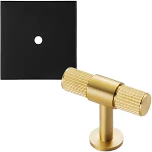 Cabinet Door Knob & Contrasting Backplate Set - Reeded T Bar Pull - Satin Brass & Matt Black