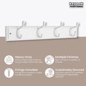 keypak 4-Hook Wall-Mounted Coat Rack, 45cm - White Wooden Board, White Coat Hooks - Fixings Included