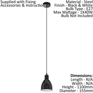 Hanging Ceiling Pendant Light Black & White Steel 1 x 40W E27 Bulb