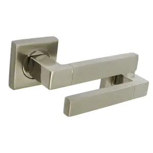 Cafri Line Door Handle Satin Nickel Rectangular Lever on Square Rose Internal Handles + 64mm Latch