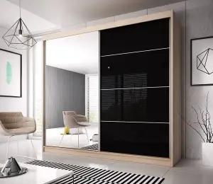 Modern Black Gloss Front & Oak Sonoma Wardrobe W233cm H218cm D61cm with Mirrored Sliding Doors