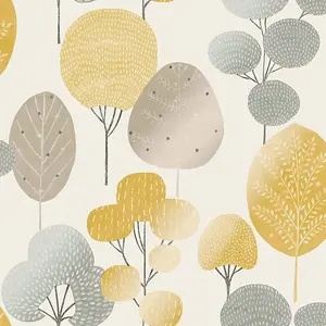 Crown Scandi Forest Tree Leaf Mustard/Grey Metallic Washable Wallpaper M1530