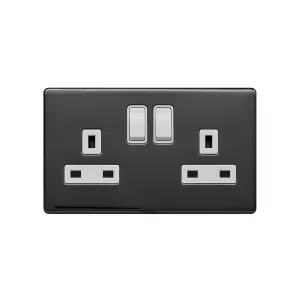 Lieber Black Nickel & White 13A 2 Gang Switched Socket, Double Pole - Screwless