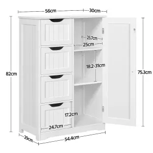 Yaheetech White Wooden Freestanding Bathroom Cabinet with 4 Drawers and Cupboard