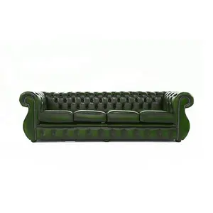 Chesterfield 4 Seater Sofa Antique Green Real Leather In Kimberley Style