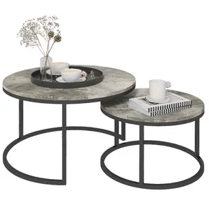 HOMCOM 2 Pcs Stacking Coffee Table Set Steel Frame Cement-Effect Top Foot Pads