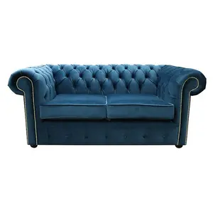 Chesterfield 2 Seater Blue Velvet Sofa Custom Made In Classic Style