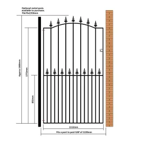 SAXA Spear Top Tall Bow Top Metal Garden Gate 1220mm GAP x 1990mm High SAZP36