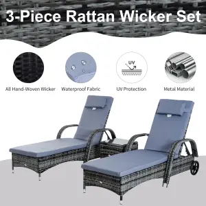 Outsunny 3 PCS Rattan Lounger Recliner Bed Garden Furniture Set w/ Side Table