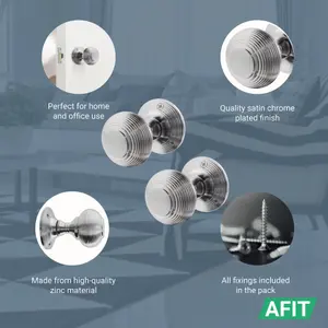 AFIT Beehive Door Knobs Satin Chrome - 4 Pairs of Reeded Mortice Knobs (55mm) for Internal Doors