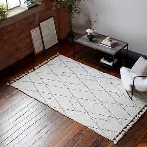 Cream Easy to clean Geometric Modern , Wool Rug for Living Room, Bedroom - 120cm X 170cm