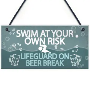 Red Ocean Funny Swim At Own Risk Hot Tub Pool Jacuzzi Hanging Garden Shed Plaque Wall Sign