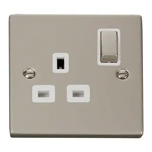 Pearl Nickel 1 Gang 13A DP Ingot Switched Plug Socket - White Trim - SE Home