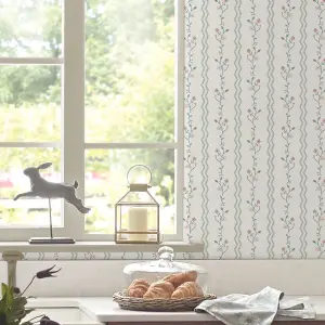 Laura Ashley White & Duck Egg Blencow Smooth Wallpaper