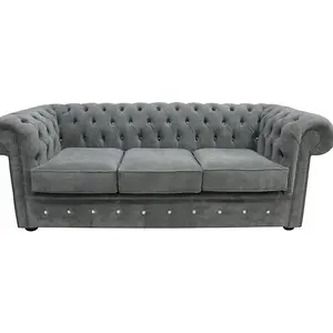 Chesterfield Crystal 3 Seater Sofa Keira Pewter Grey Fabric In Classic Style