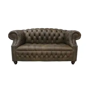 Chesterfield 2 Seater Buttoned Seat Sofa Cracked Wax T Brown Leather In Buckingham Style