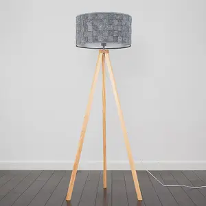 ValueLights Light Wood Tripod Design Floor Lamp With Grey Felt Weave Design Cylinder Light Shade