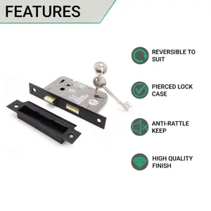 EAI Sashlock 65mm / 44mm Backset BLACK 3 lever for Internal Wooden Door 2 Keys CE UKCA & Fire Door Approved Anti Rattle Keep