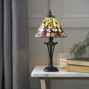 Luminosa Bernwood 1 Light Small Table Lamp Dark Bronze, Tiffany Glass, E14