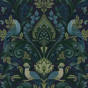 Grandeco Peacock and Leaf Scrolls Opulent Damask Textured Wallpaper, Green Blue