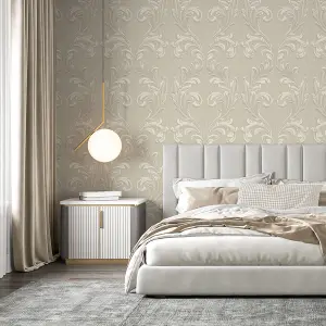 Belgravia Décor Tiffany Scroll Beige Textured Wallpaper