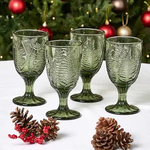 Set of 4 Vintage Luxury Green Leaf Embossed Drinking Wine Glass Wine Goblets 230ml