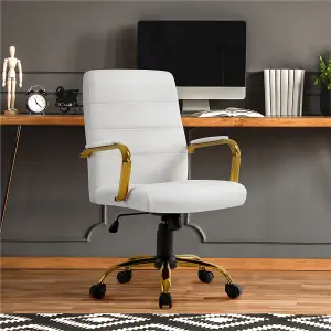 Yaheetech Height Adjustable PU Leather Office Chair with Gold Frame and Wheels - White