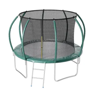 14ft Outdoor Round Trampoline with Safety Net Enclosure and Ladder, Dark Green