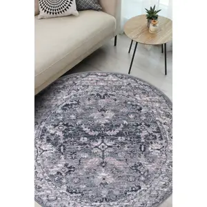 Melrose Colorama Traditional Grey/Pink Medium Indoor Round Area Rug 120/120cm