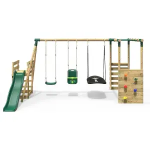 Rebo Wooden Children's Swing Set with Monkey Bars plus Deck & 6ft Slide - Triple Swing - Halley Green