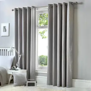 Cotton Blend Room Darkening Grommet / Eyelet Curtain Pair (Set of 2) Silver / Width 229 x Drop 137 cm