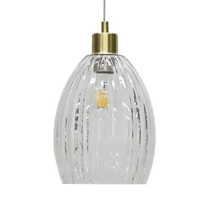 First Choice Lighting Set of 2 Birch Clear Fluted Glass with Satin Brass Pendant Fittings