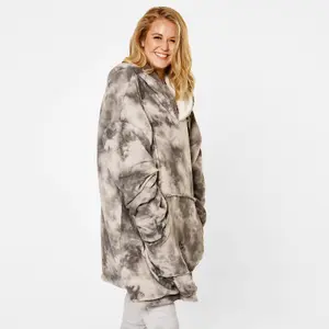 Dreamscene Tie-Dye Hooded Blanket Oversized Wearable Sherpa Throw, Charcoal Grey