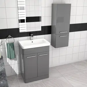 Nes Home 600mm Freestanding Grey Basin Vanity & 350mm Wall Hung Tall Cabinet Set