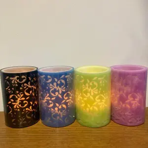 Flower Design Real Wax LED Candle - Battery Powered Handcrafted Faux Flameless Floral Pillar Candlelight - H15 x 10cm, Black