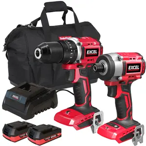 Excel 18V Brushless Twin Pack Impact Driver & Combi Drill with 2 x 2.0Ah Battery Charger