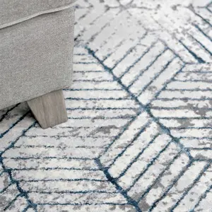 Blue Grey Distressed Abstract Metallic Geometric Living Area Rug 120x170cm